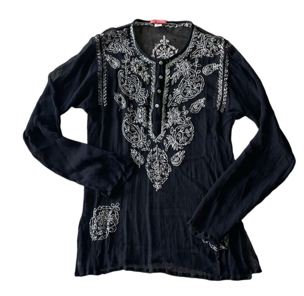 Glam Souls Black Silk Sheer Sequin Embroidered Womens Top Size Large Goth Boho